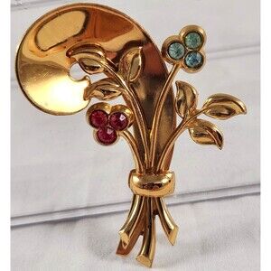 Signed Coro Brooch Pin Ribbon Spray Pink Blue Clover Leaves 2.25"x1.5"